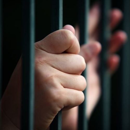 Hands Grasp Jail Cell Bars.