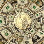 a picture of dollar bills encircling a gold dollar